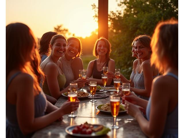 A vibrant outdoor party scene with food, drinks, and people enjoying a custom outdoor kitchen setup.
