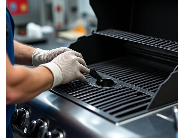 A technician meticulously cleaning and repairing a high-end gas grill, ensuring all components are functional and safe.