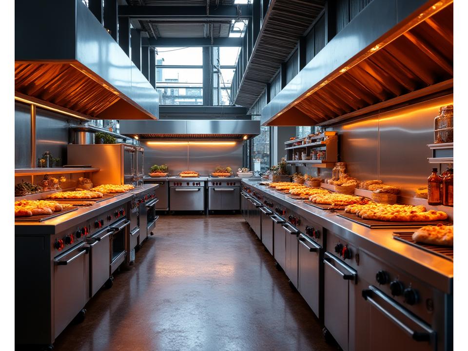 A busy commercial outdoor kitchen setup in a restaurant patio, featuring multiple large grills and prep areas.