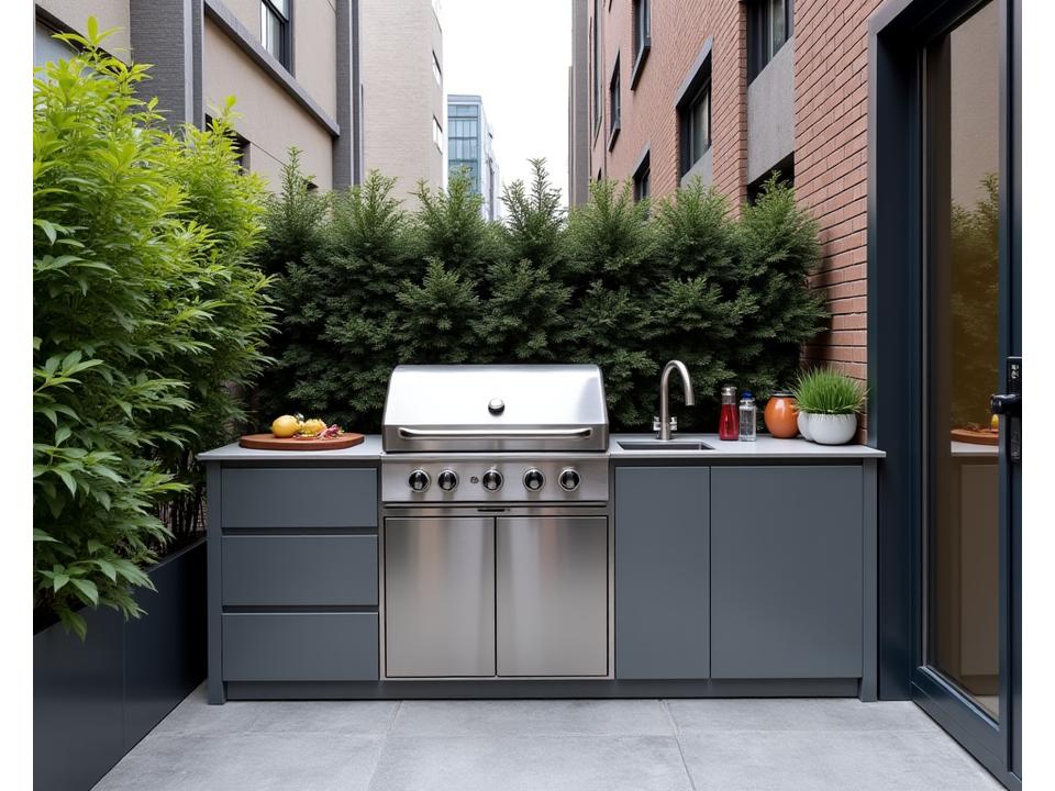A compact, yet fully functional outdoor kitchen integrated into a small urban patio with vertical garden elements.