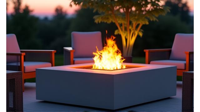 Modern concrete fire pit surrounded by comfortable outdoor seating, glowing warmly at night.