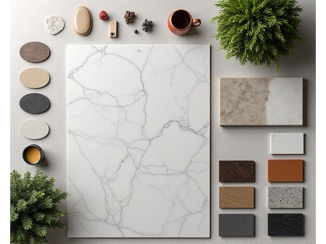 Sample swatches of various outdoor kitchen finishes including different shades of stone, cabinet samples, and metal finishes on a design board.